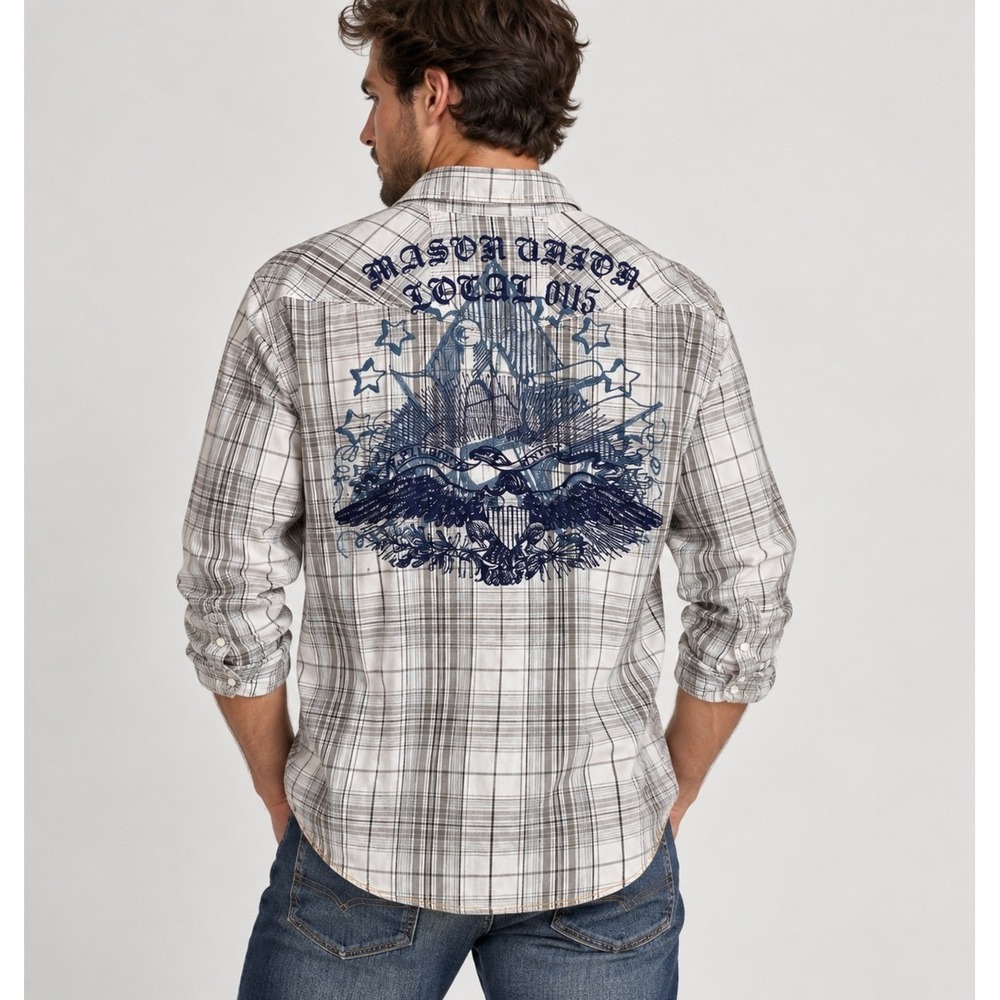 INC International Concepts Embroidered Pearl Snap Shirt Men M Gray Western Biker